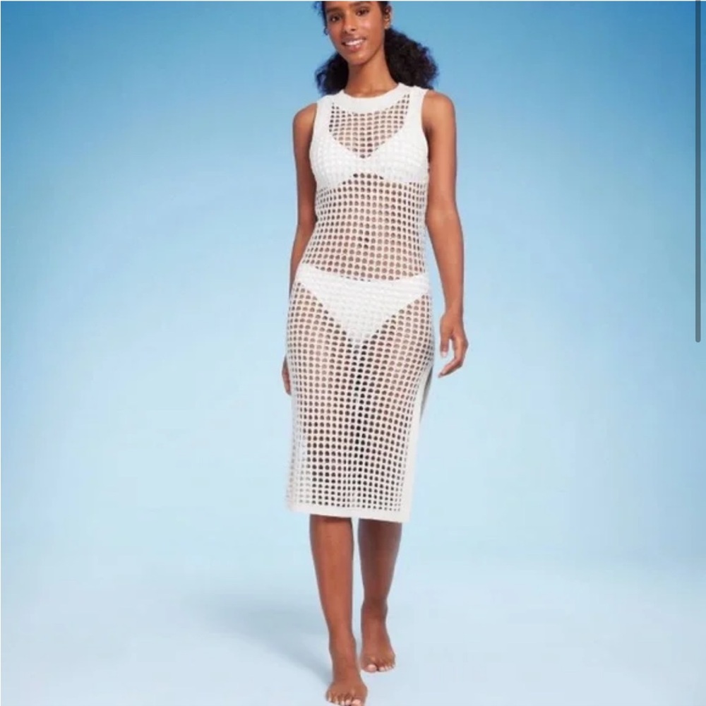 494 Shade & Shore White Crochet Knit Maxi Dress Swim Cover Up XS Boho Beach